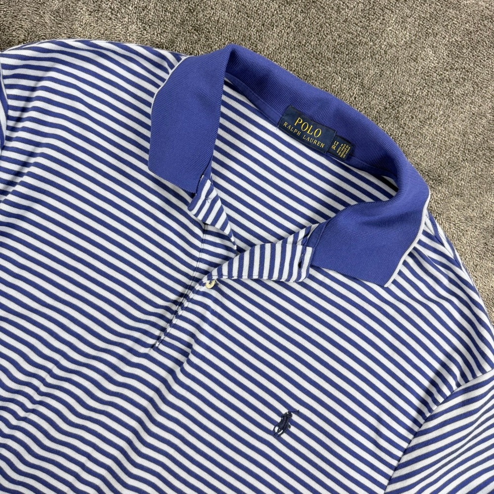Polo Ralph Lauren Mens LT Blue White Striped Short Sleeve Cotton Polo Shirt